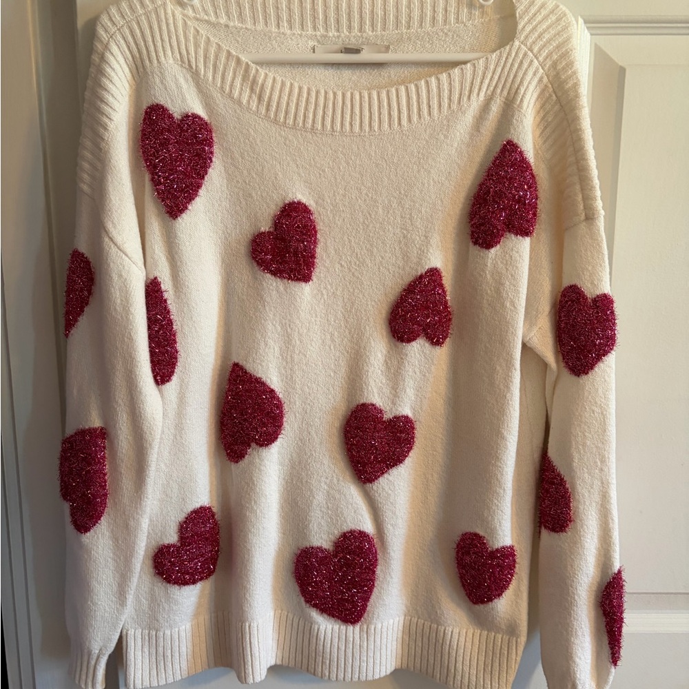 LOFT Cream Sweater with Red Heart Accents Valentines Day